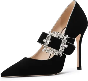 FSJ Women Graceful Pointed Toe High Heel Pumps Velvet Slip On Shining Rhinestones Stiletto Bridal Wedding Banquet Shoes Size 4-15 US