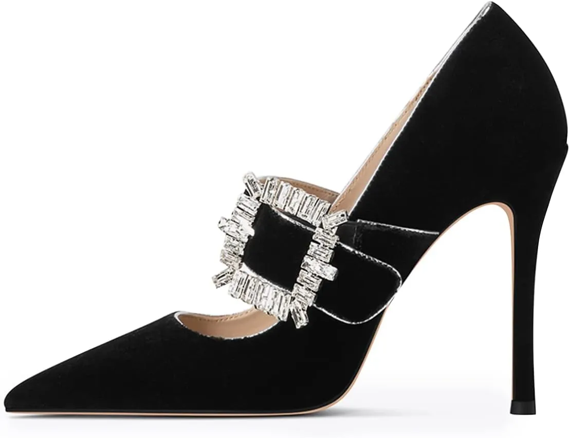 FSJ Women Graceful Pointed Toe High Heel Pumps Velvet Slip On Shining Rhinestones Stiletto Bridal Wedding Banquet Shoes Size 4-15 US