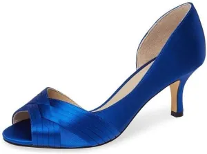 FSJ Women Low Kitten Heels Peep Toe Slip on Pumps D'Orsay Pleated Satin Sandals Evening Party Dress Comfy Office Shoes Size 4-15 US
