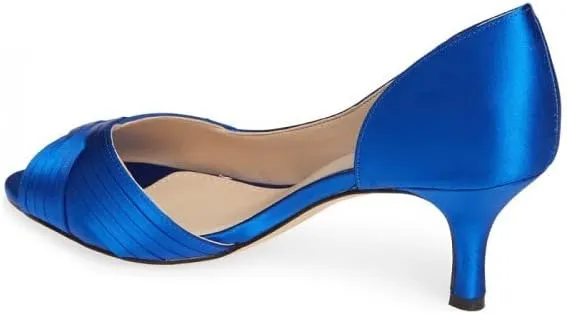 FSJ Women Low Kitten Heels Peep Toe Slip on Pumps D'Orsay Pleated Satin Sandals Evening Party Dress Comfy Office Shoes Size 4-15 US
