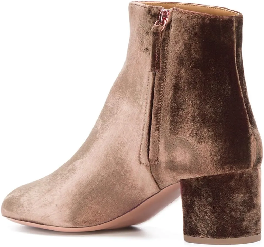FSJ Women Round Toe Velvet Ankle Boots Block Heel Side Zipper Office Shoes for Comfort Size 4-15 US