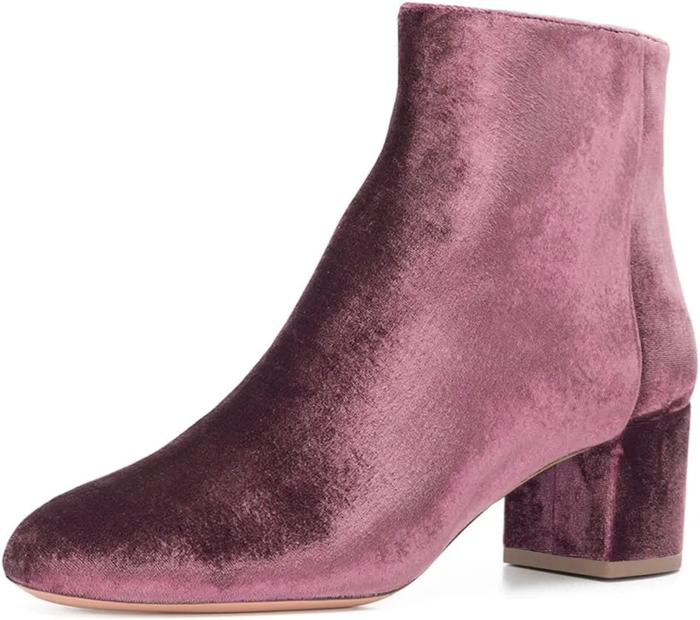 FSJ Women Round Toe Velvet Ankle Boots Block Heel Side Zipper Office Shoes for Comfort Size 4-15 US