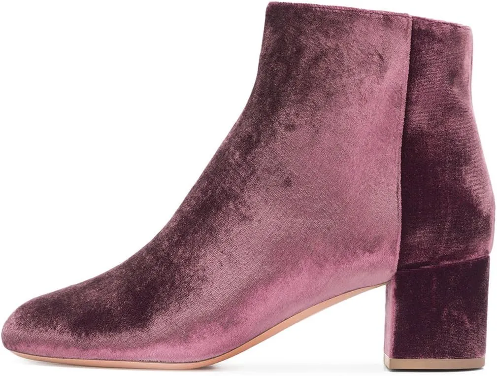 FSJ Women Round Toe Velvet Ankle Boots Block Heel Side Zipper Office Shoes for Comfort Size 4-15 US