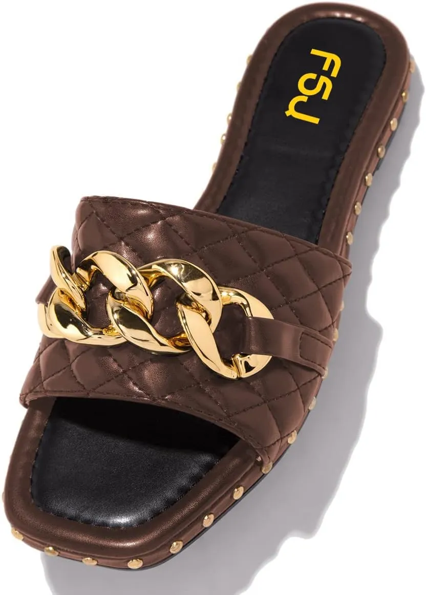 FSJ Women Sexy Square Open Toe Comfortable Flat Thick Sole Cushion Sandals Fashion Gold Chain Style Slip On Slides Checkered Strap Studded Daily Ladies Summer Shoes Size 4-15 US