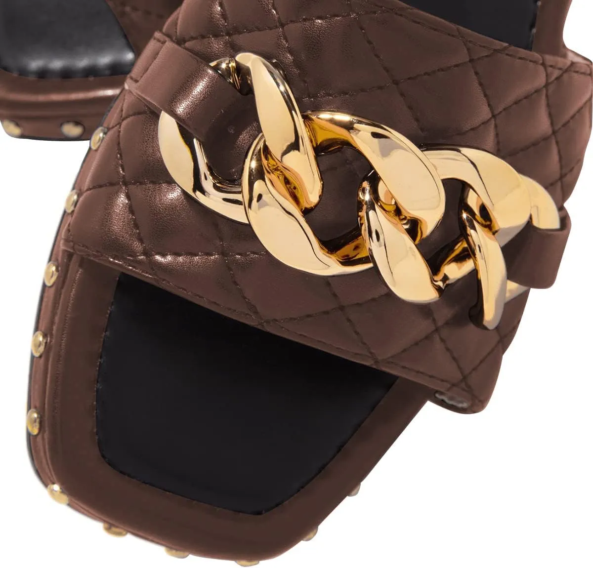 FSJ Women Sexy Square Open Toe Comfortable Flat Thick Sole Cushion Sandals Fashion Gold Chain Style Slip On Slides Checkered Strap Studded Daily Ladies Summer Shoes Size 4-15 US
