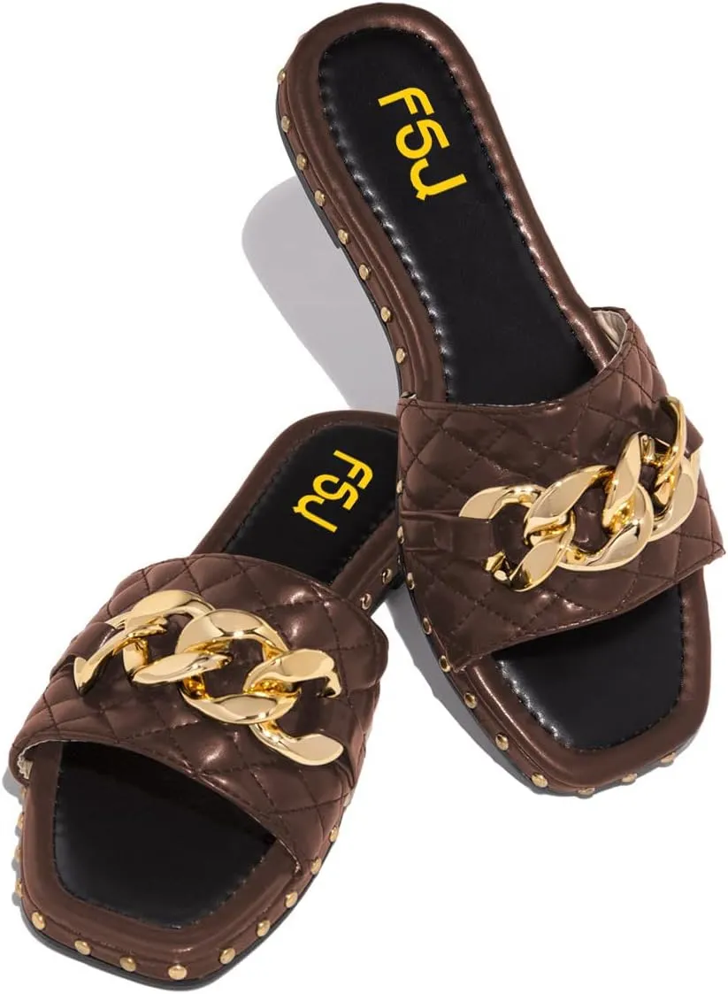 FSJ Women Sexy Square Open Toe Comfortable Flat Thick Sole Cushion Sandals Fashion Gold Chain Style Slip On Slides Checkered Strap Studded Daily Ladies Summer Shoes Size 4-15 US
