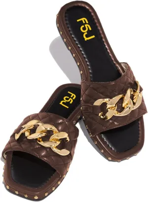 FSJ Women Sexy Square Open Toe Comfortable Flat Thick Sole Cushion Sandals Fashion Gold Chain Style Slip On Slides Checkered Strap Studded Daily Ladies Summer Shoes Size 4-15 US