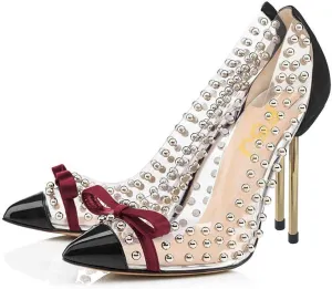 FSJ Women Studded Pointed Toe Transparent Pumps High Heels Shoes with Cute Bowknot US Size 4-15 M