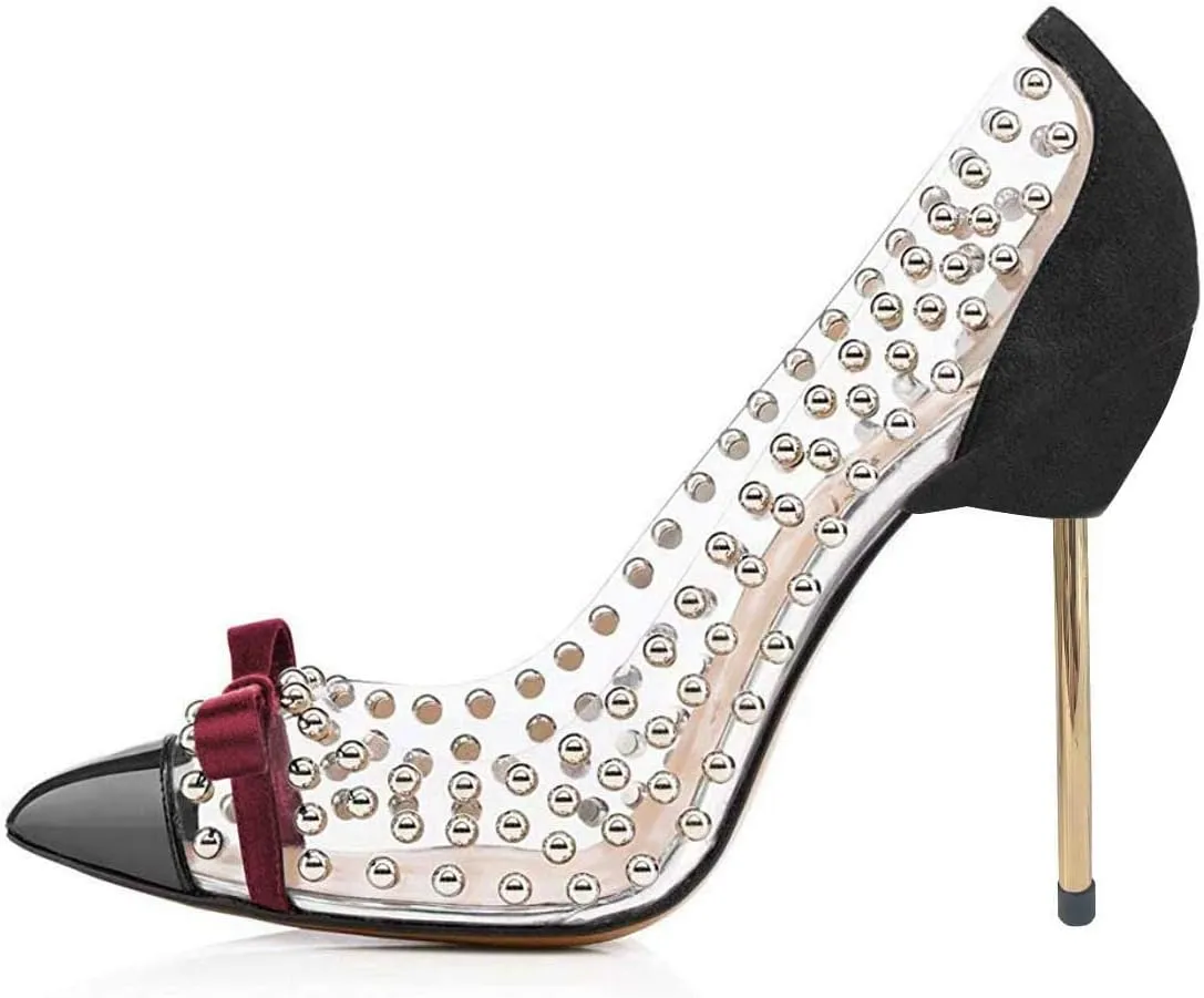 FSJ Women Studded Pointed Toe Transparent Pumps High Heels Shoes with Cute Bowknot US Size 4-15 M