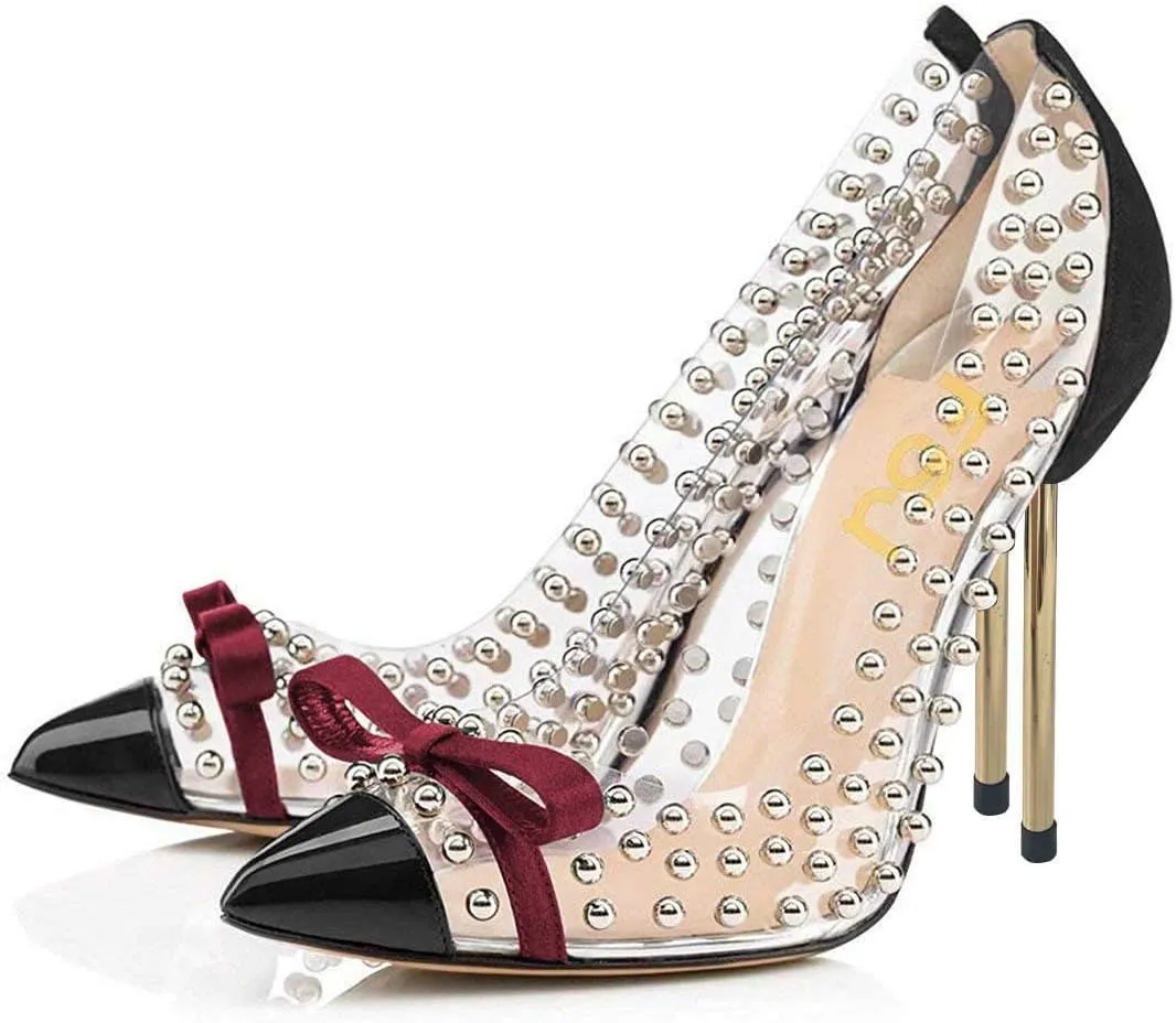 FSJ Women Studded Pointed Toe Transparent Pumps High Heels Shoes with Cute Bowknot US Size 4-15 M