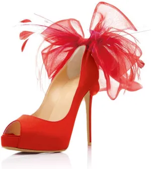 FSJ Women Stylish Peep Toe Pumps with Platform High Heels Stilettos Beauty Mesh Feather Flower Bowknot Decor Slip On Party Dress Bridal Shoes Size 4-15 US