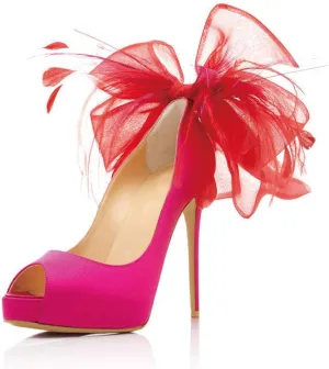FSJ Women Stylish Peep Toe Pumps with Platform High Heels Stilettos Beauty Mesh Feather Flower Bowknot Decor Slip On Party Dress Bridal Shoes Size 4-15 US