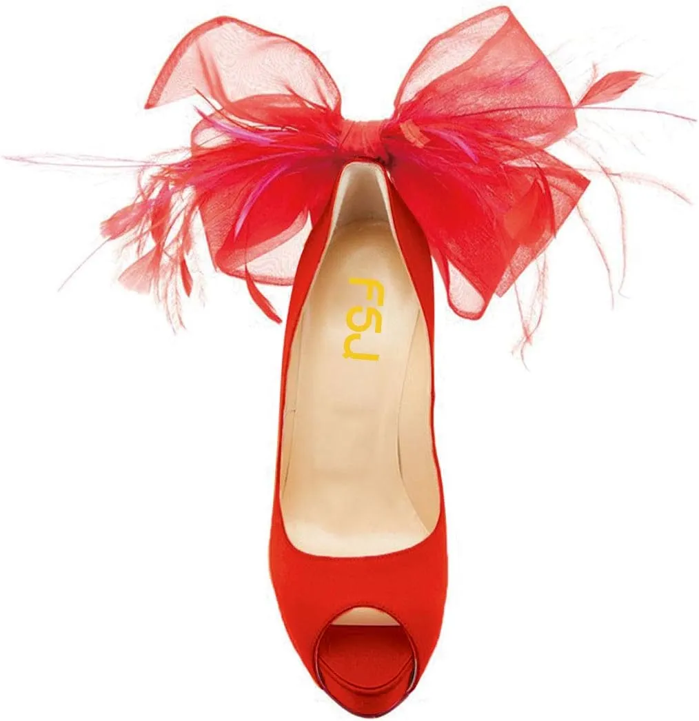 FSJ Women Stylish Peep Toe Pumps with Platform High Heels Stilettos Beauty Mesh Feather Flower Bowknot Decor Slip On Party Dress Bridal Shoes Size 4-15 US