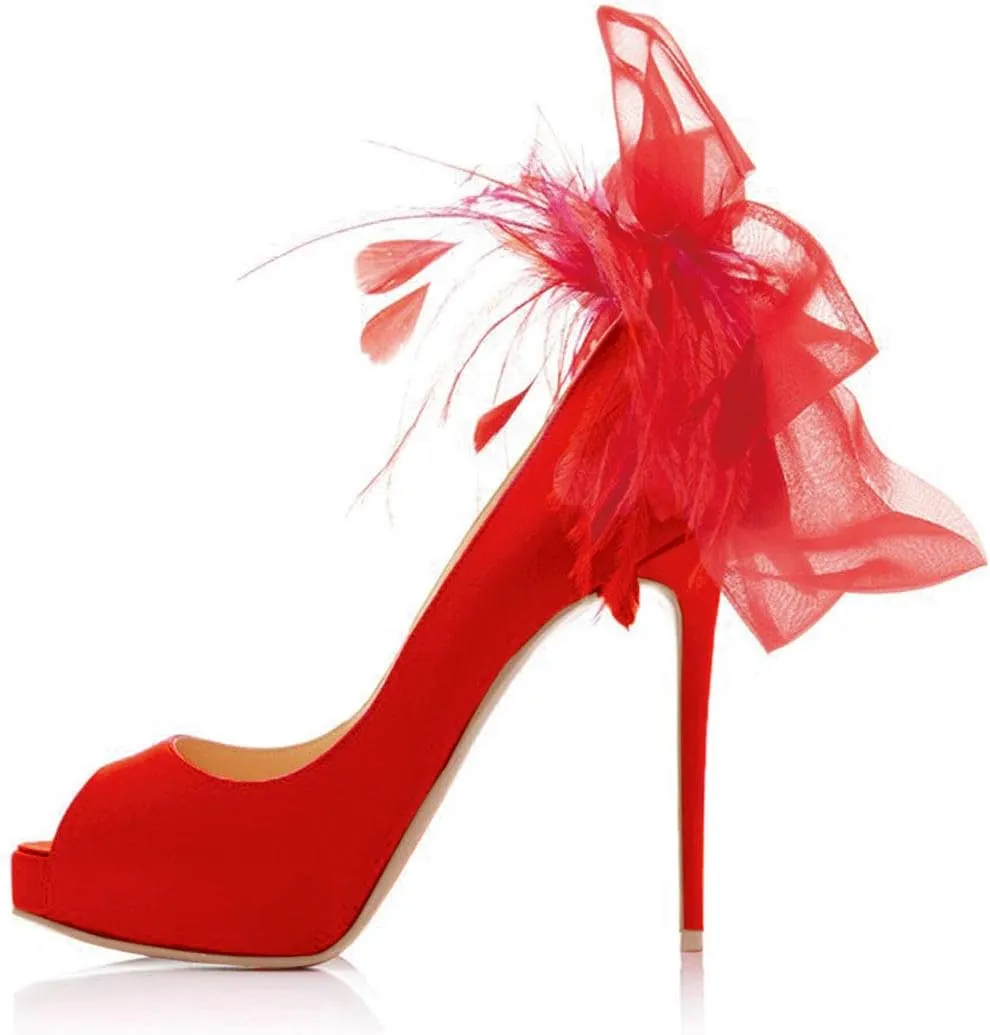 FSJ Women Stylish Peep Toe Pumps with Platform High Heels Stilettos Beauty Mesh Feather Flower Bowknot Decor Slip On Party Dress Bridal Shoes Size 4-15 US