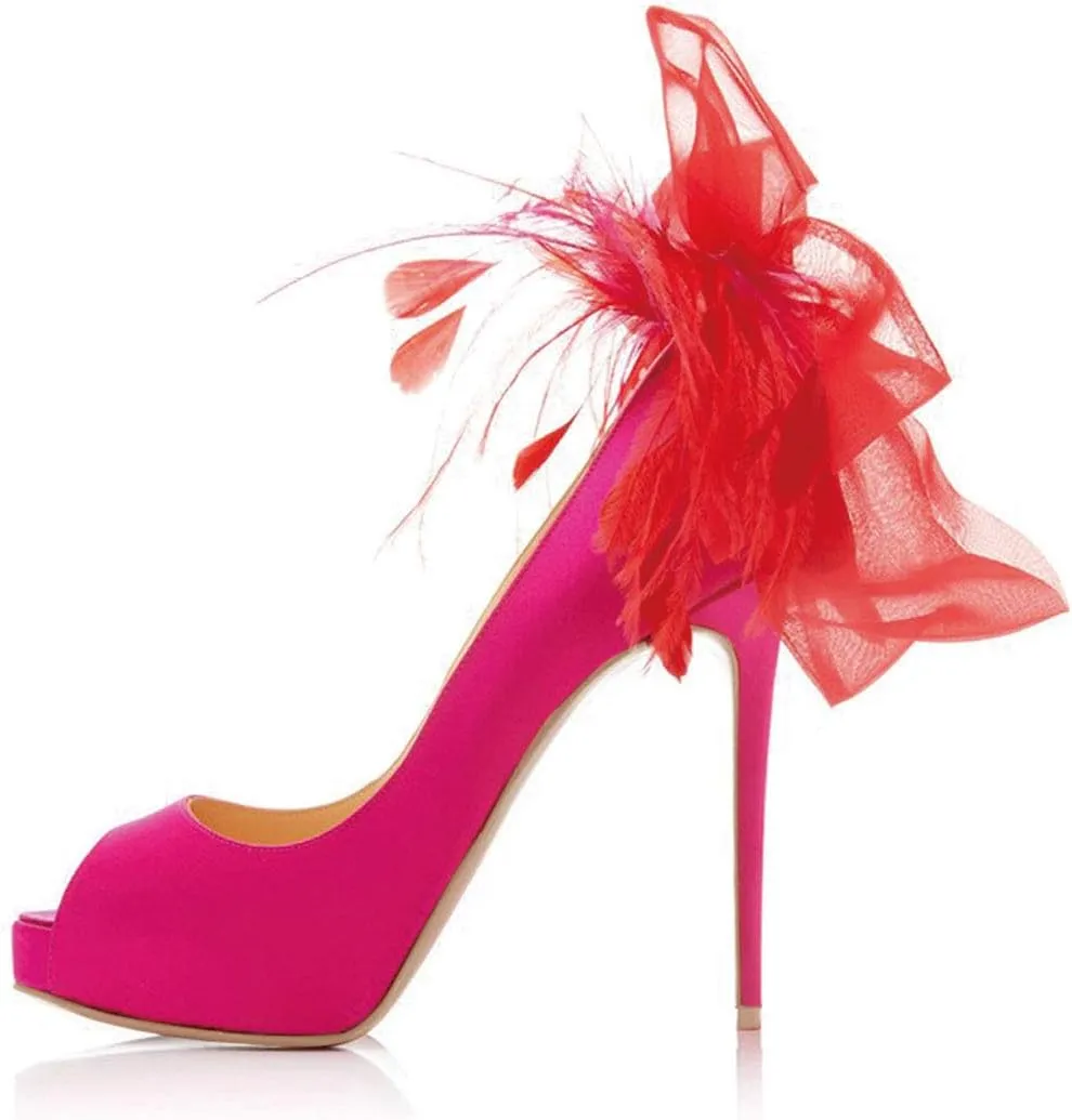 FSJ Women Stylish Peep Toe Pumps with Platform High Heels Stilettos Beauty Mesh Feather Flower Bowknot Decor Slip On Party Dress Bridal Shoes Size 4-15 US