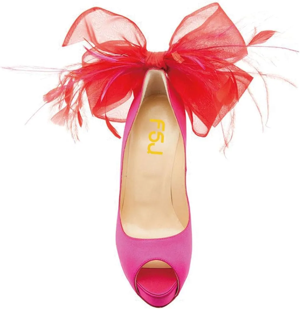 FSJ Women Stylish Peep Toe Pumps with Platform High Heels Stilettos Beauty Mesh Feather Flower Bowknot Decor Slip On Party Dress Bridal Shoes Size 4-15 US