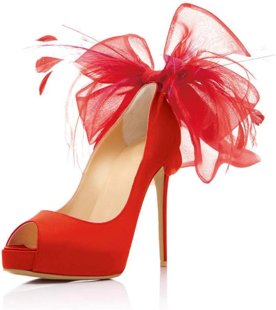 FSJ Women Stylish Peep Toe Pumps with Platform High Heels Stilettos Beauty Mesh Feather Flower Bowknot Decor Slip On Party Dress Bridal Shoes Size 4-15 US