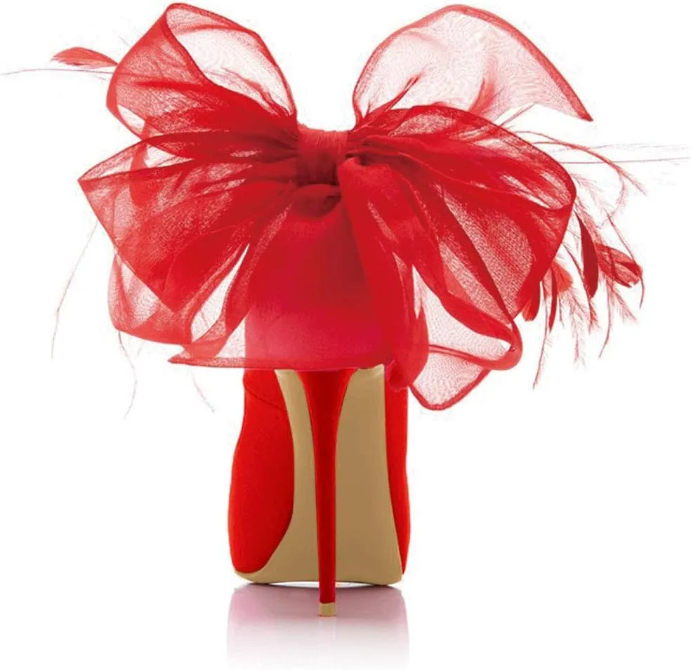 FSJ Women Stylish Peep Toe Pumps with Platform High Heels Stilettos Beauty Mesh Feather Flower Bowknot Decor Slip On Party Dress Bridal Shoes Size 4-15 US