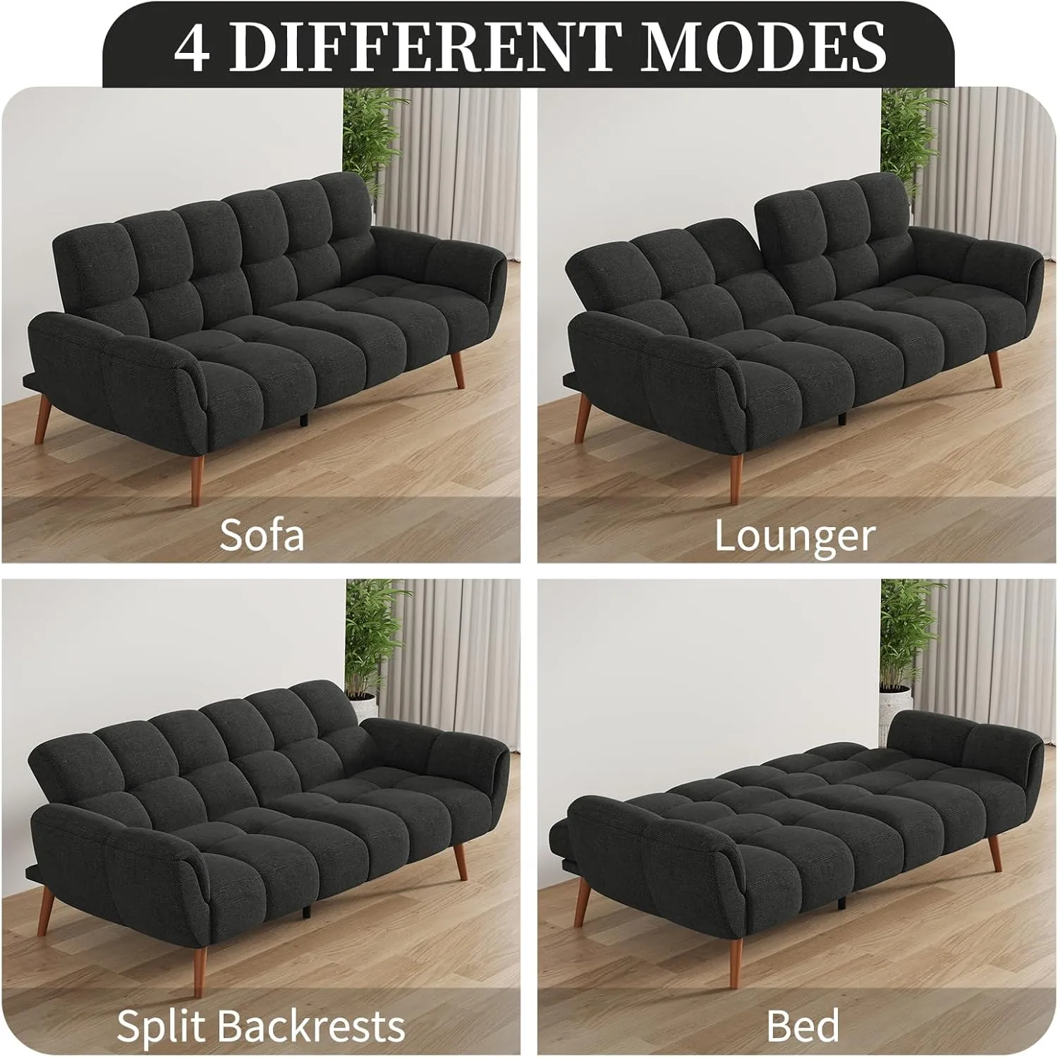 Futon Sofa Bed, Convertible 77" Modern Linen Futon Couch, Comfy Sleeper Sofa with Adjustable Backrests, Couch Bed for Small Spaces, Living Room, Bedroom, Apartment, Dark Gray