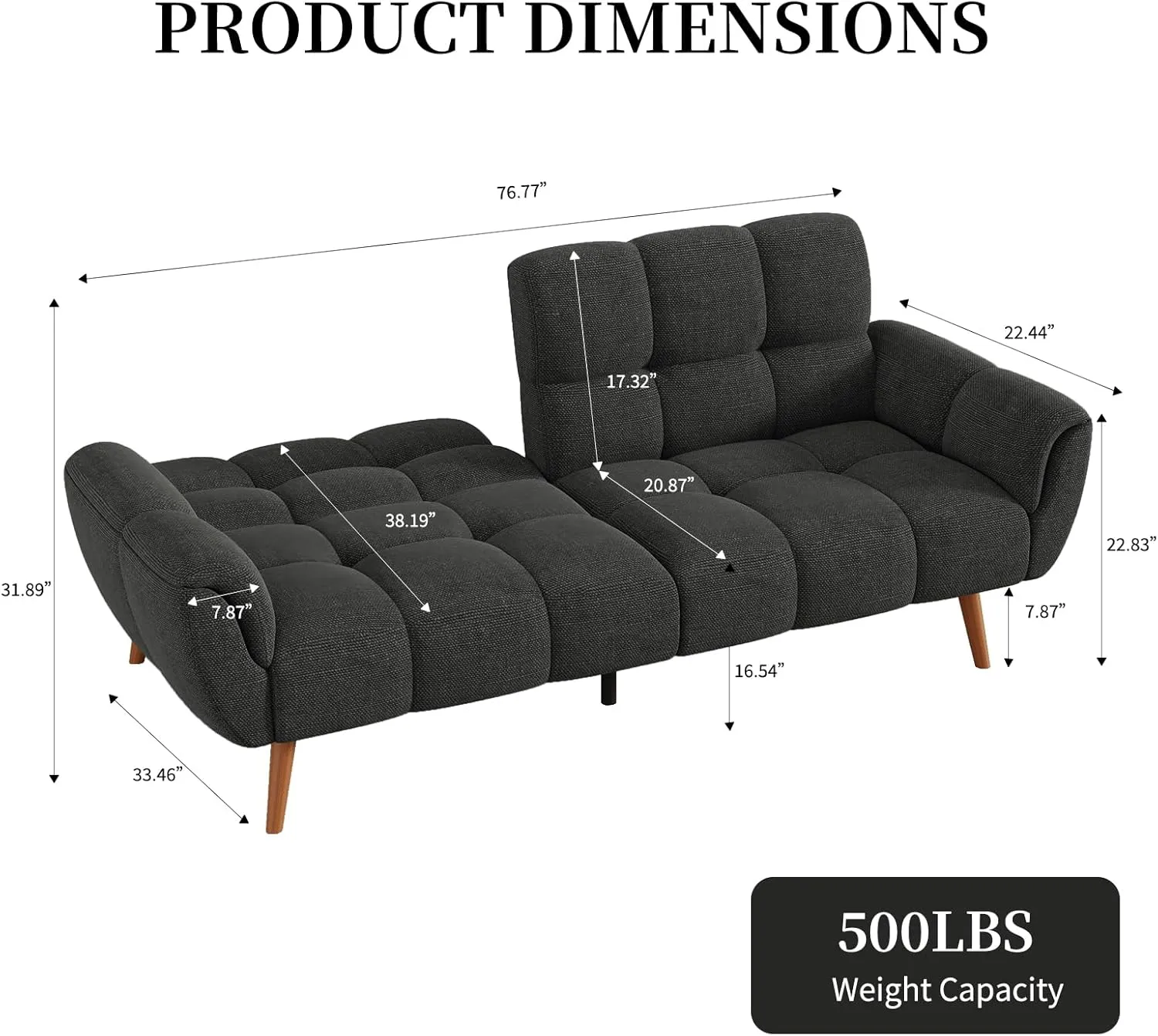 Futon Sofa Bed, Convertible 77" Modern Linen Futon Couch, Comfy Sleeper Sofa with Adjustable Backrests, Couch Bed for Small Spaces, Living Room, Bedroom, Apartment, Dark Gray