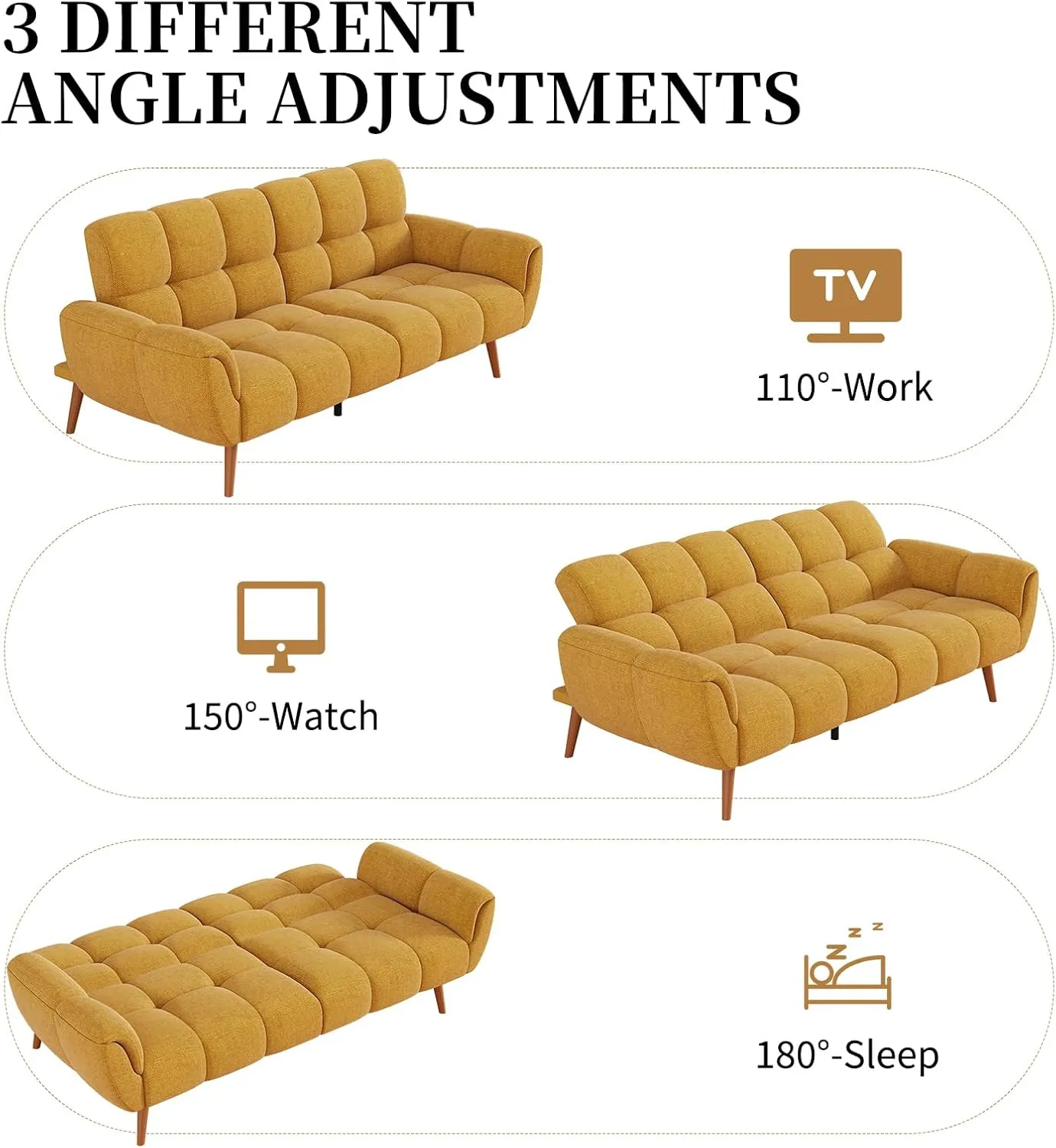 Futon Sofa Bed, Convertible 77" Modern Linen Futon Couch, Comfy Sleeper Sofa with Adjustable Backrests, Couch Bed for Small Spaces, Living Room, Bedroom, Apartment, Yellow