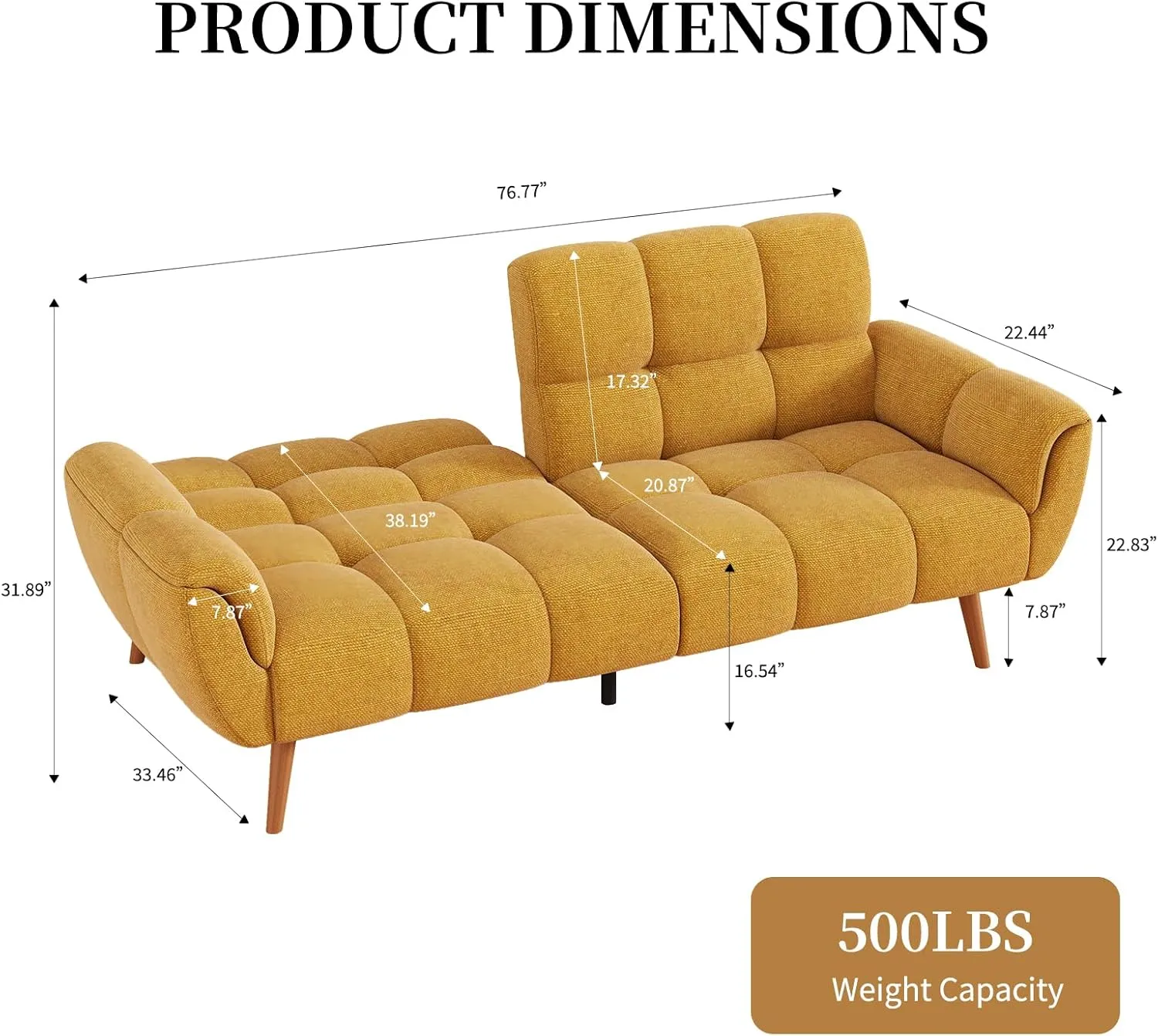 Futon Sofa Bed, Convertible 77" Modern Linen Futon Couch, Comfy Sleeper Sofa with Adjustable Backrests, Couch Bed for Small Spaces, Living Room, Bedroom, Apartment, Yellow