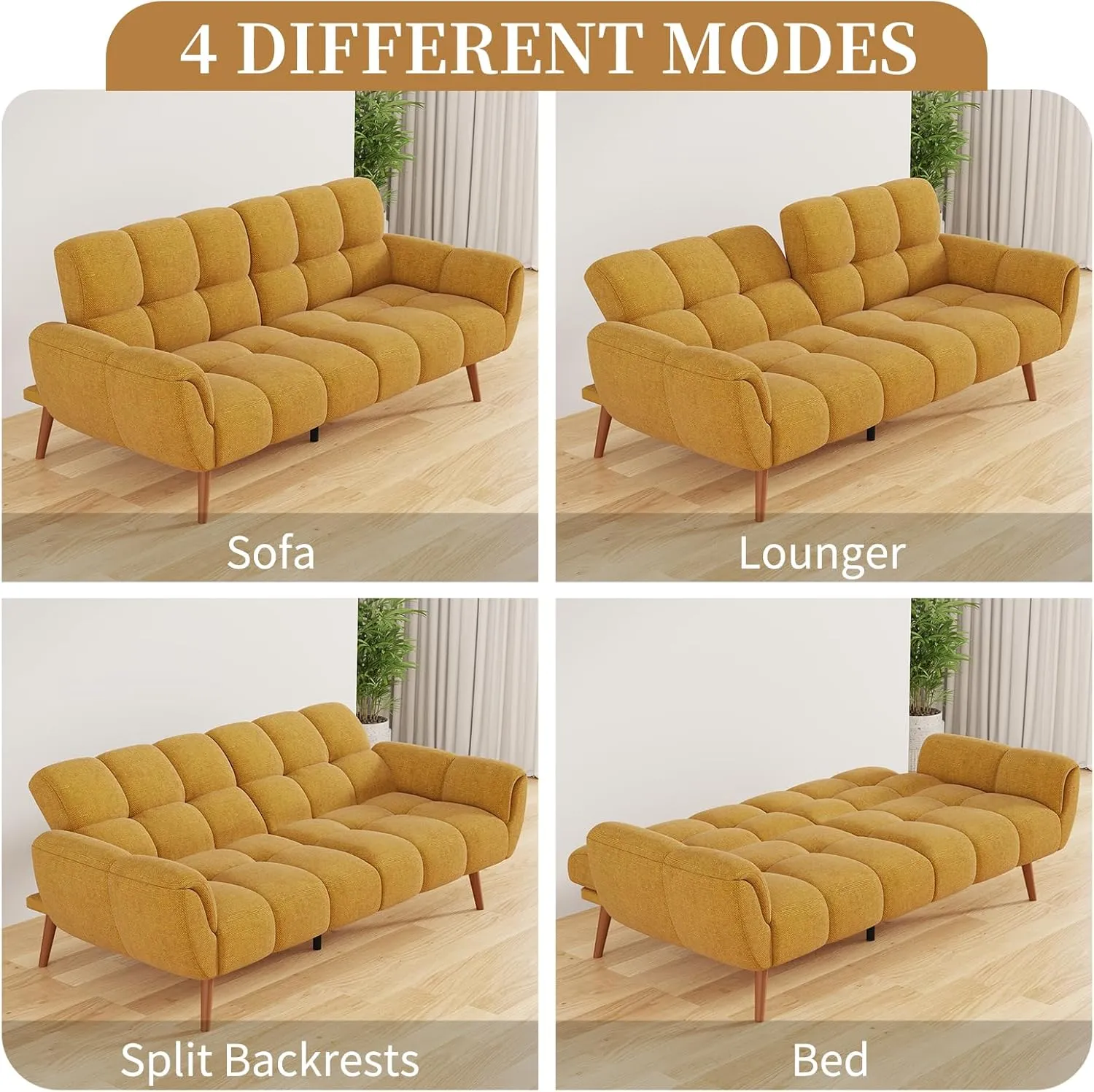 Futon Sofa Bed, Convertible 77" Modern Linen Futon Couch, Comfy Sleeper Sofa with Adjustable Backrests, Couch Bed for Small Spaces, Living Room, Bedroom, Apartment, Yellow