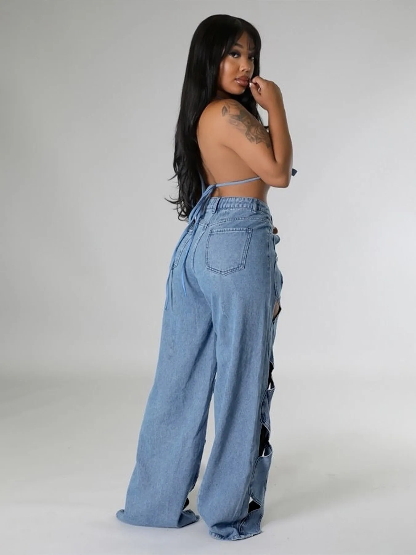 FZ Women's Elastic Loose Fit Stretch Cut Out Straight-Leg Denim Pants