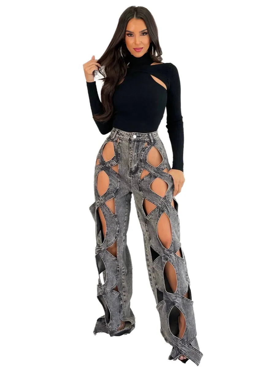 FZ Women's Elastic Loose Fit Stretch Cut Out Straight-Leg Denim Pants