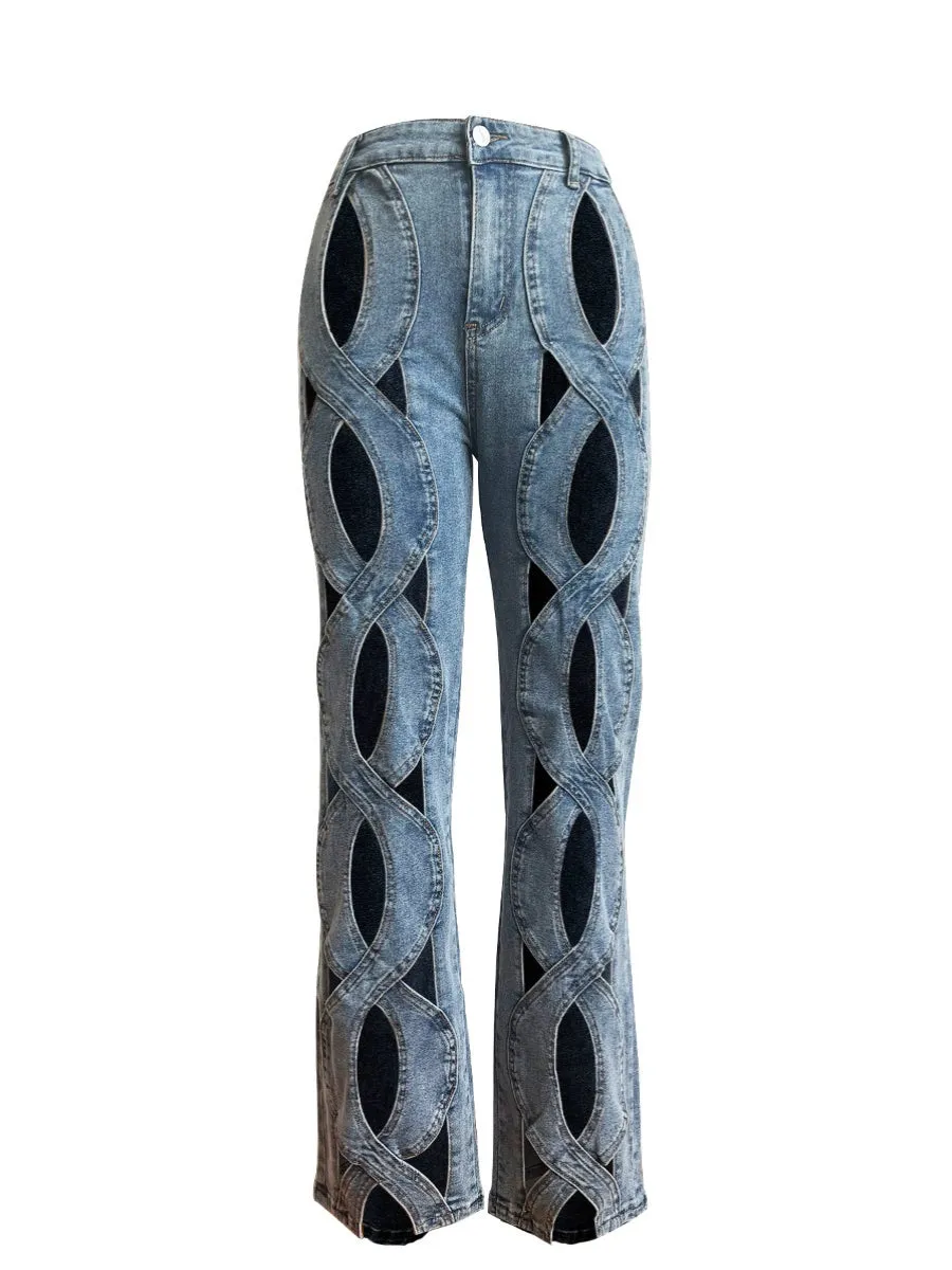 FZ Women's Elastic Loose Fit Stretch Cut Out Straight-Leg Denim Pants