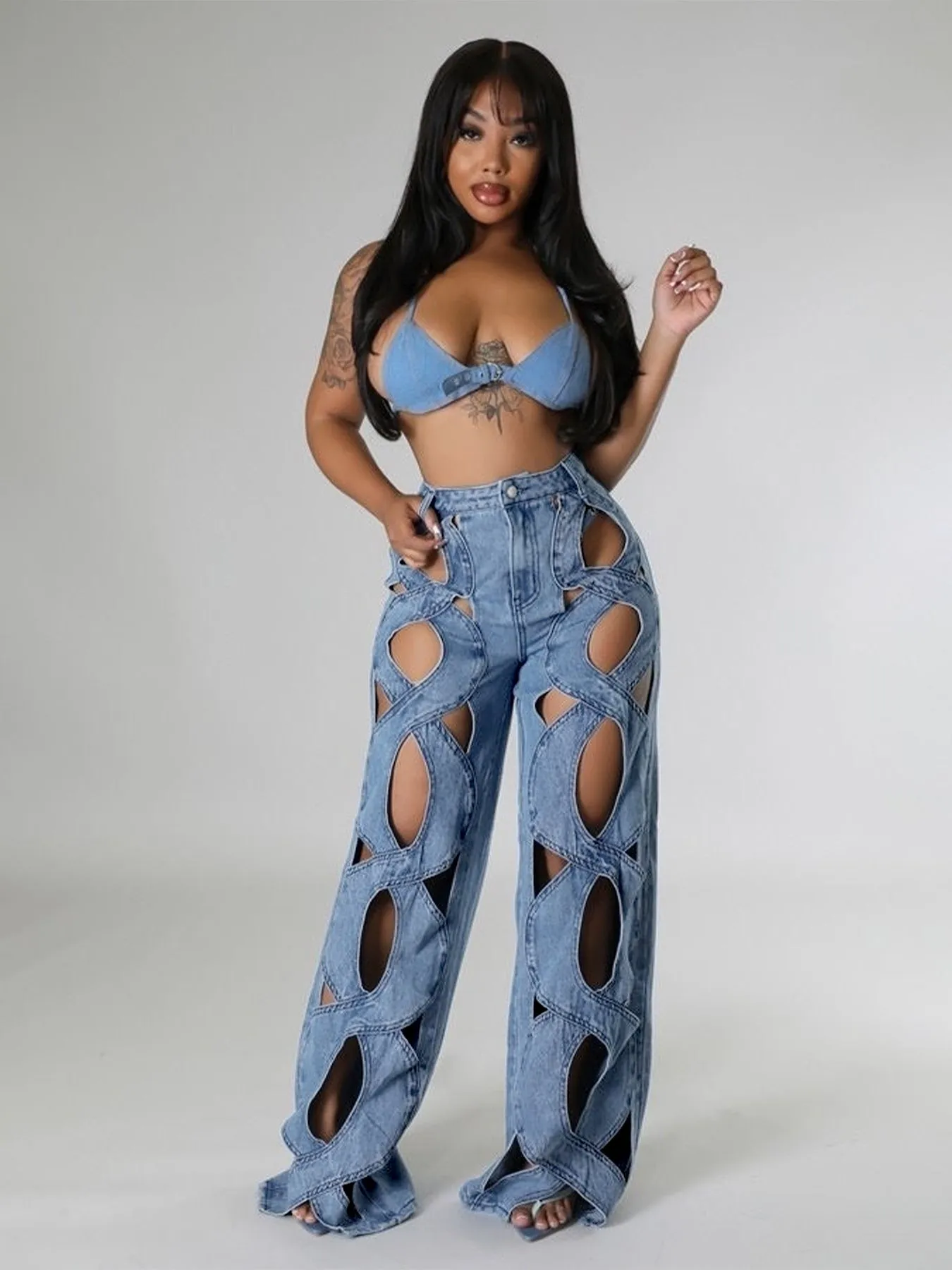 FZ Women's Elastic Loose Fit Stretch Cut Out Straight-Leg Denim Pants