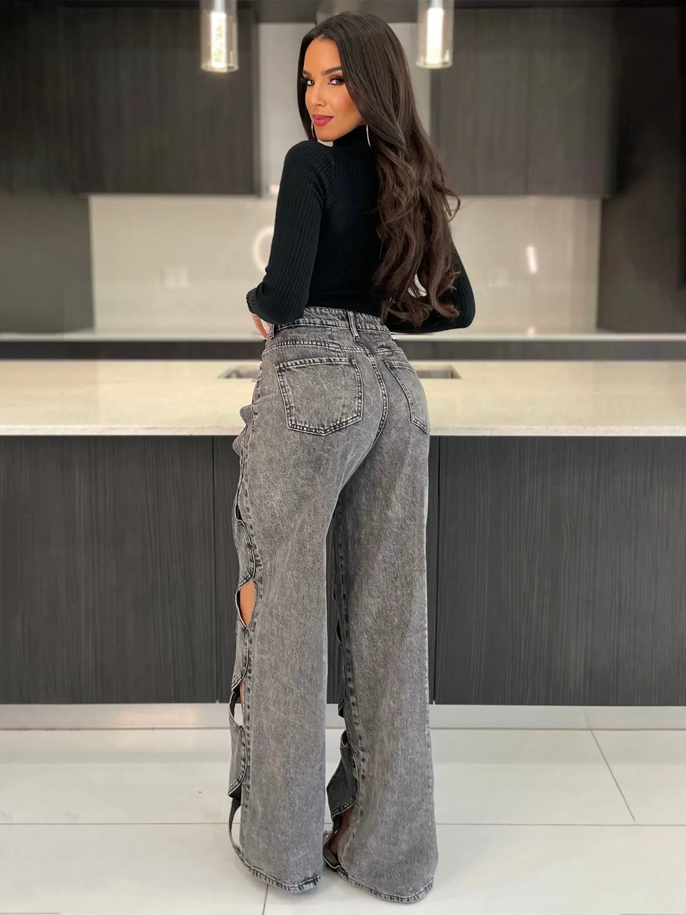 FZ Women's Elastic Loose Fit Stretch Cut Out Straight-Leg Denim Pants
