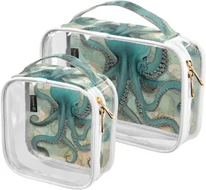 GAIGEO Retro Old Wood Texture Coral Marine Life 2 Pack Travel Transparent Bag, Toiletry Bag Organizer, Light Toiletry Bag for Travel