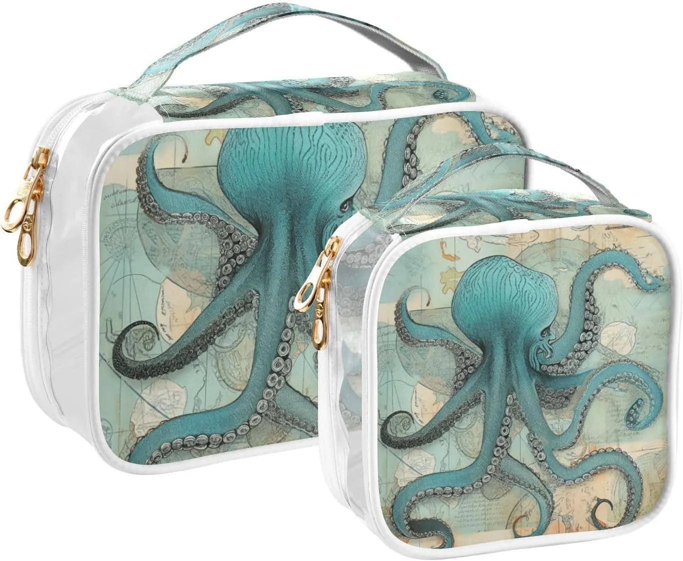 GAIGEO Retro Old Wood Texture Coral Marine Life 2 Pack Travel Transparent Bag, Toiletry Bag Organizer, Light Toiletry Bag for Travel