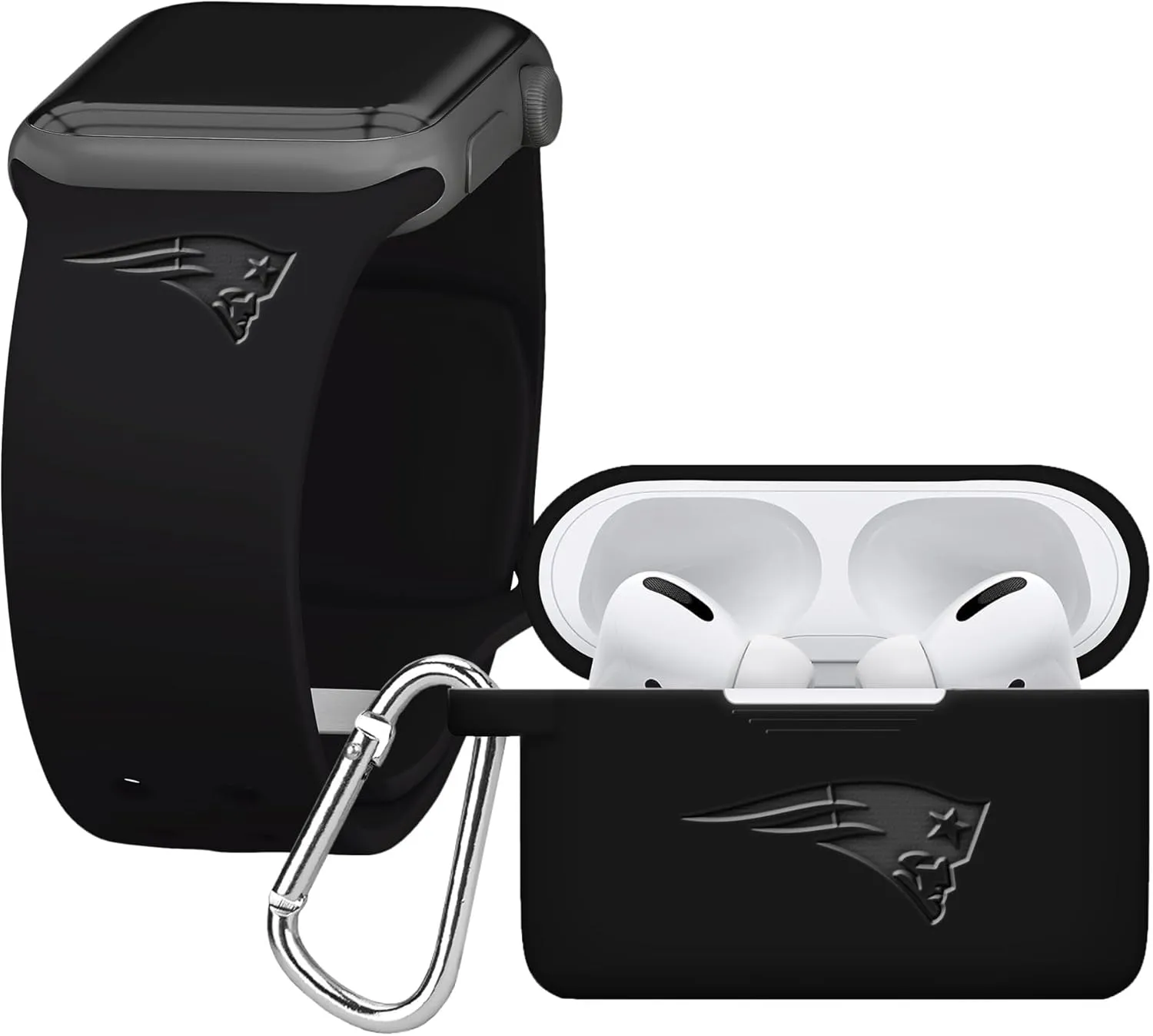 Game Time New England Patriots Engraved Silicone Combo Package Compatible with Apple Watch and Airpods Pro Battery Case (42/44mm Black/Black)