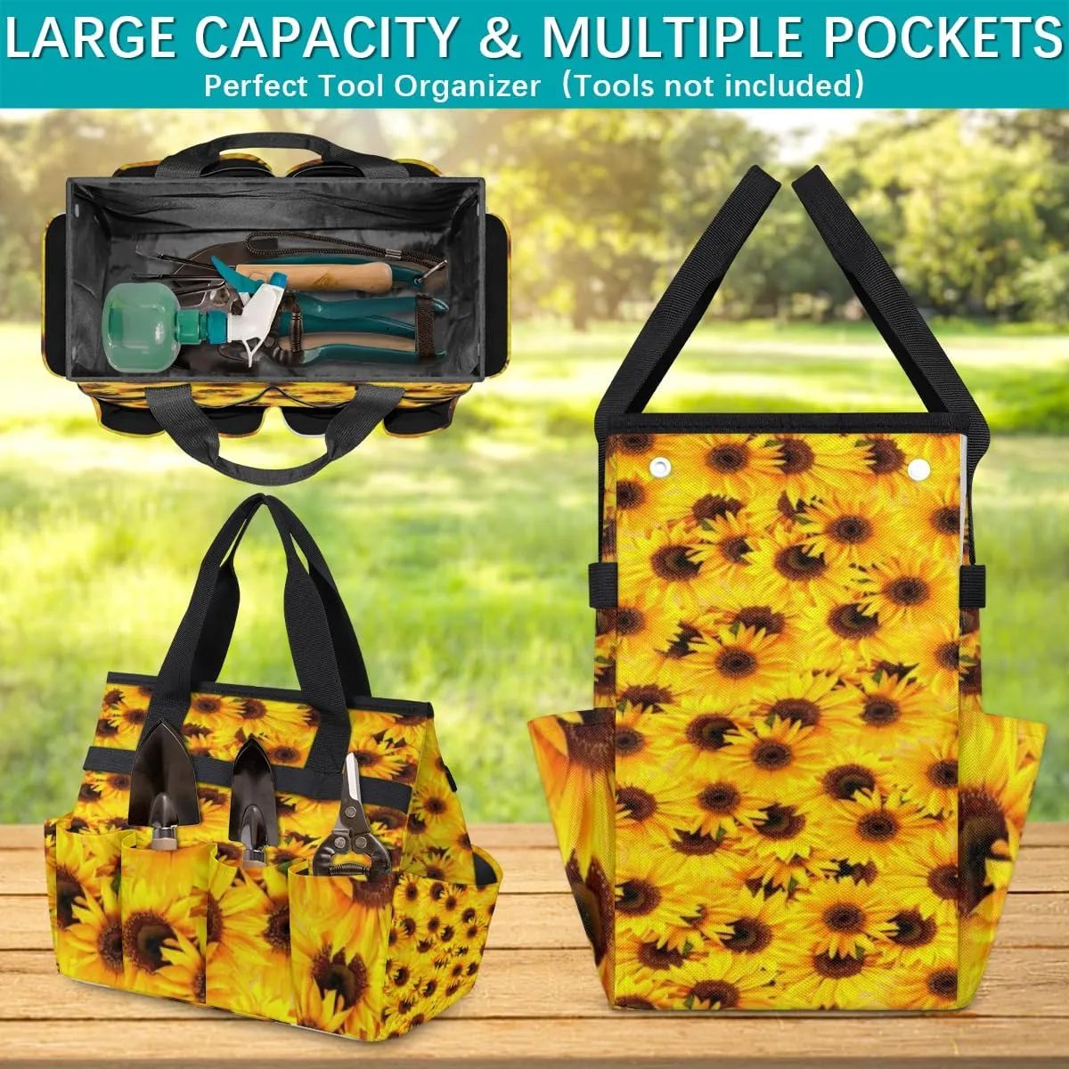 Garden Tool Tote Bag for Women Men Sunflower Bushes Gardening Tool Storage Bags with 10 Pockets Standable Garden Home Tool Kits Organizer for Indoor Outdoor Gardening Gifts