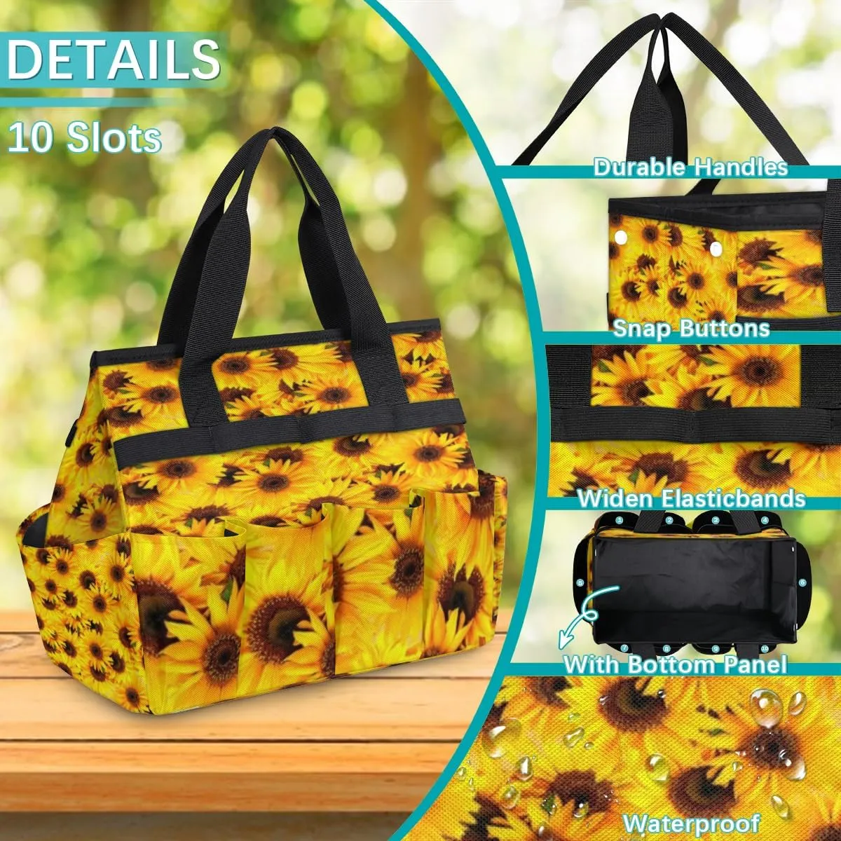 Garden Tool Tote Bag for Women Men Sunflower Bushes Gardening Tool Storage Bags with 10 Pockets Standable Garden Home Tool Kits Organizer for Indoor Outdoor Gardening Gifts