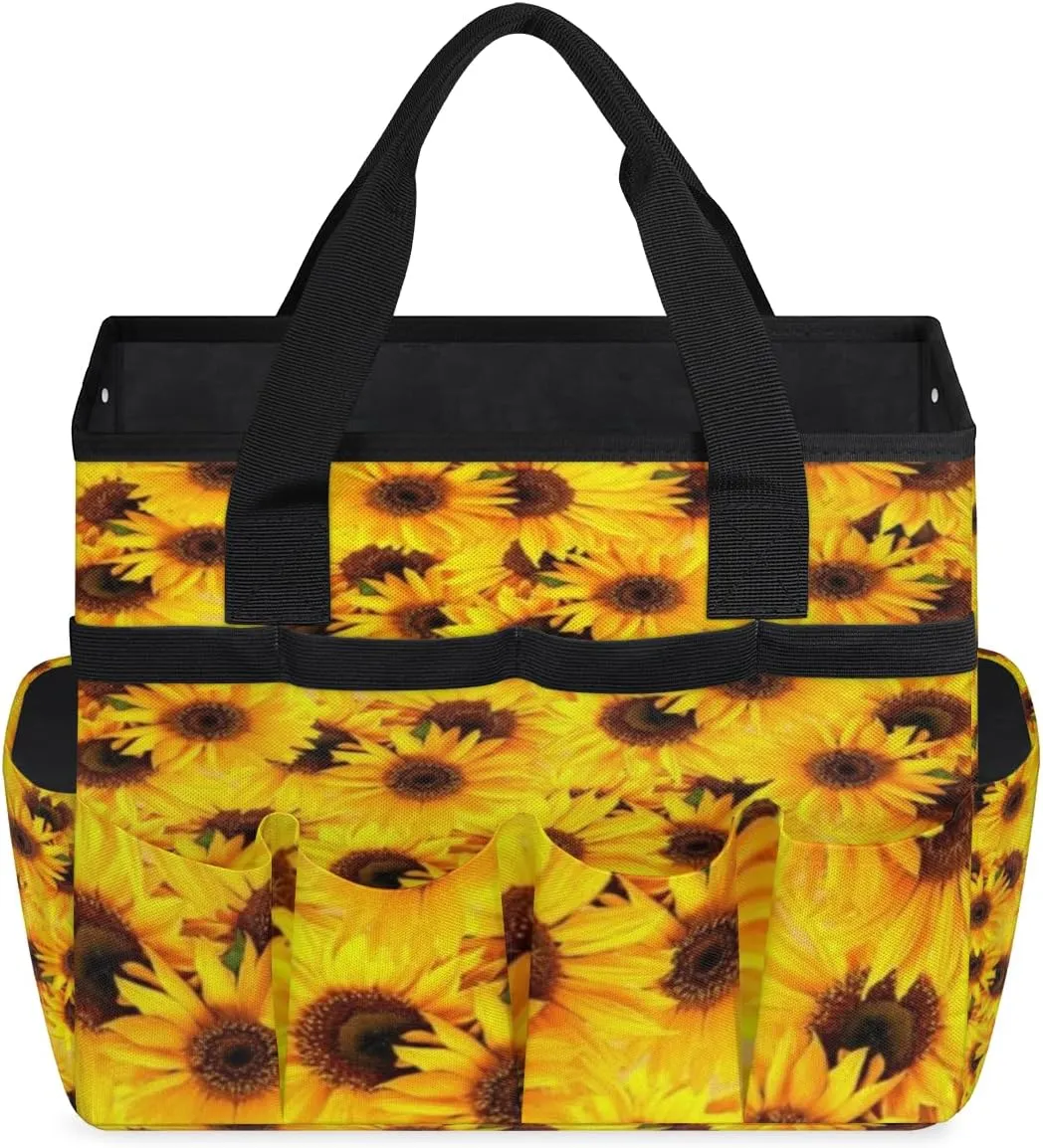 Garden Tool Tote Bag for Women Men Sunflower Bushes Gardening Tool Storage Bags with 10 Pockets Standable Garden Home Tool Kits Organizer for Indoor Outdoor Gardening Gifts