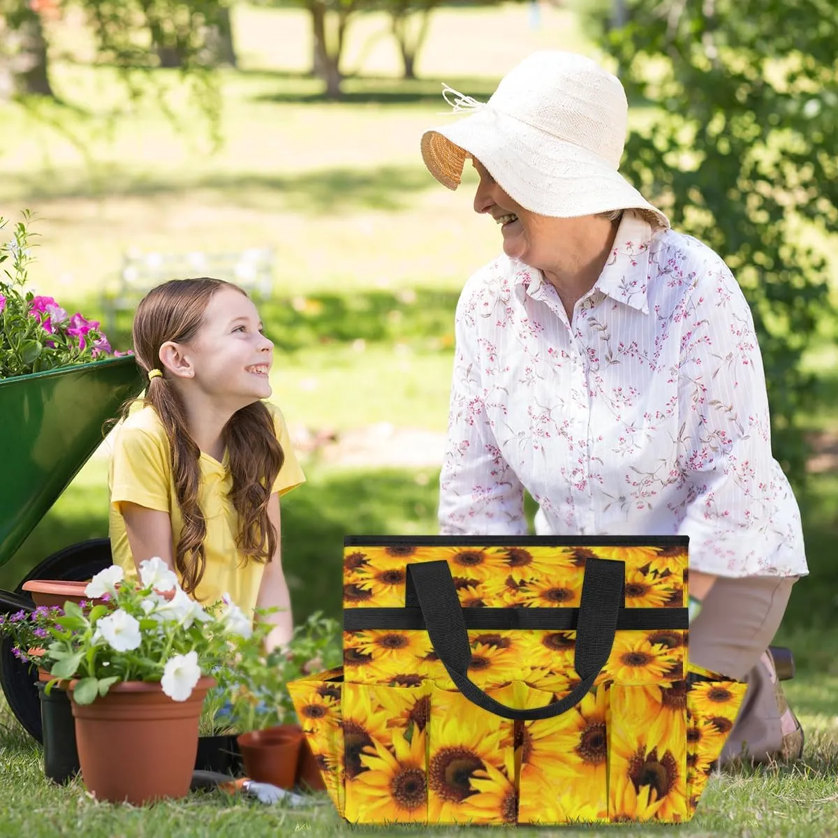 Garden Tool Tote Bag for Women Men Sunflower Bushes Gardening Tool Storage Bags with 10 Pockets Standable Garden Home Tool Kits Organizer for Indoor Outdoor Gardening Gifts