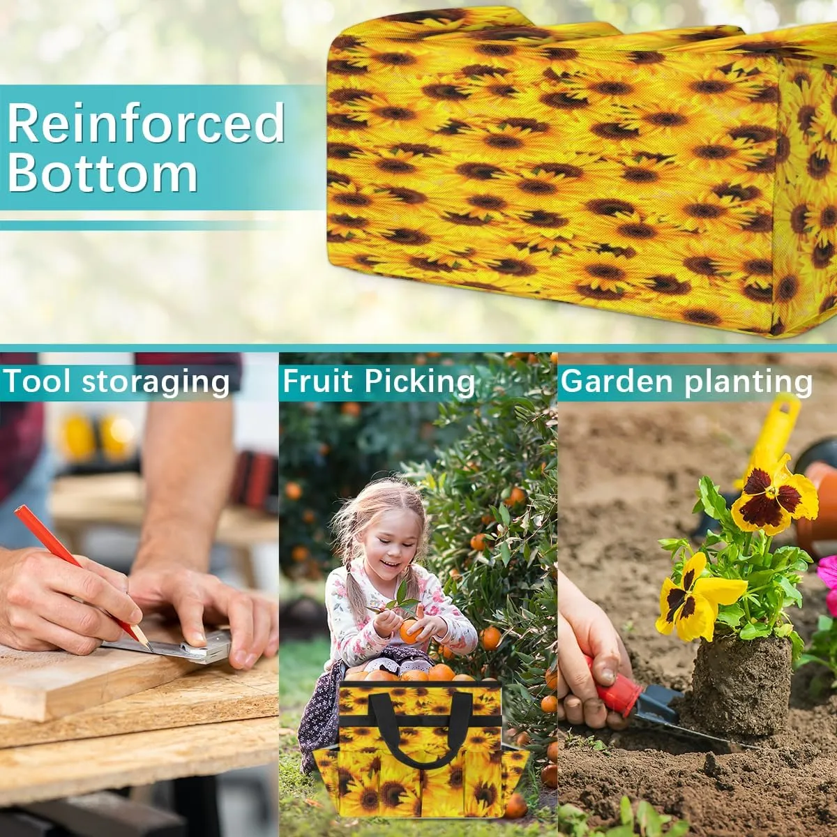 Garden Tool Tote Bag for Women Men Sunflower Bushes Gardening Tool Storage Bags with 10 Pockets Standable Garden Home Tool Kits Organizer for Indoor Outdoor Gardening Gifts