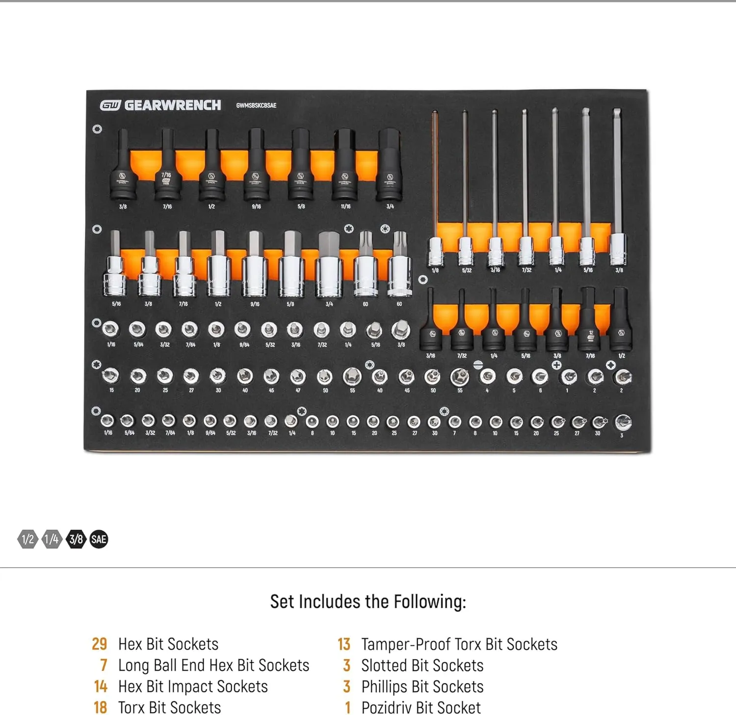 GEARWRENCH 88 Piece 1/4”, 3/8”, 1/2” Drive SAE Bit Socket Set in Foam Storage Tray - GWMSBSKCBSAE
