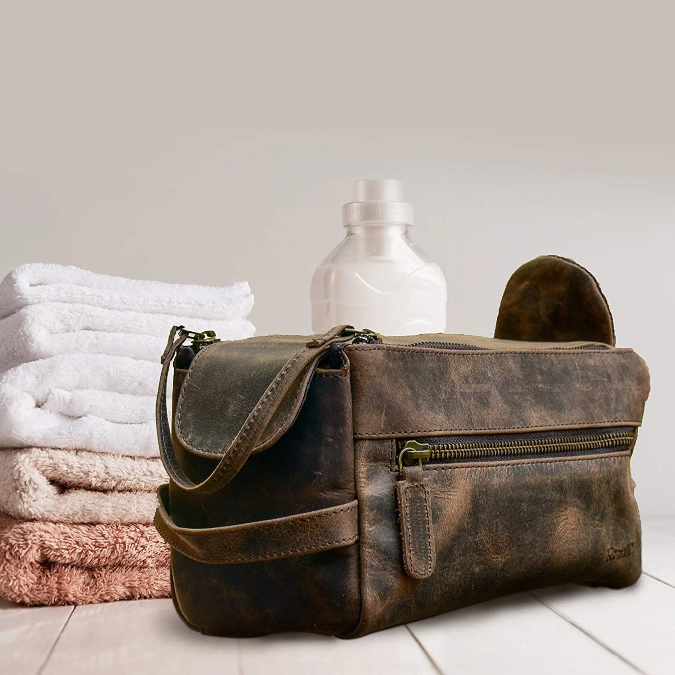 Genuine Buffalo Leather Travel Toiletry Bag –  Compartments for Men & Women