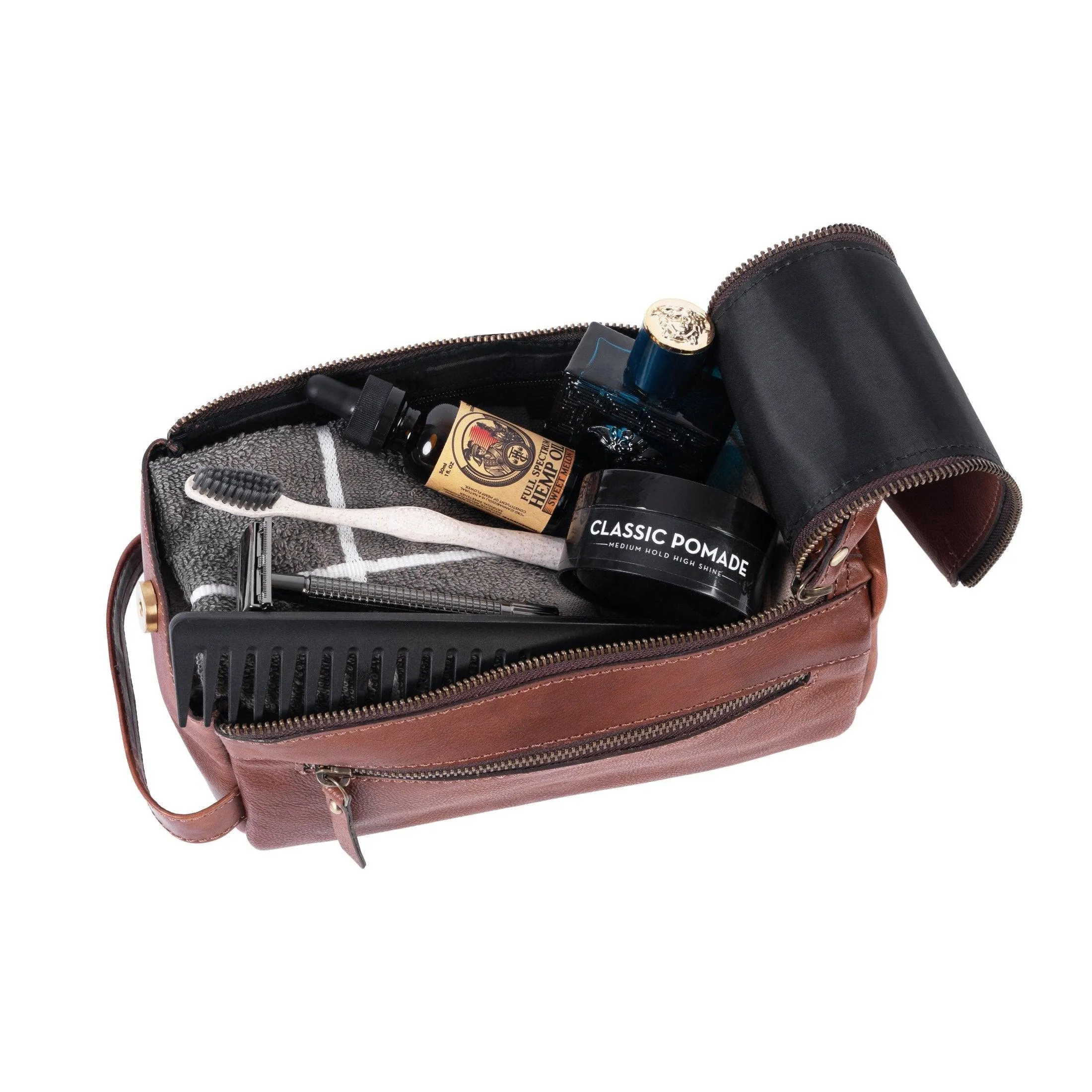 Genuine Buffalo Leather Travel Toiletry Bag –  Compartments for Men & Women