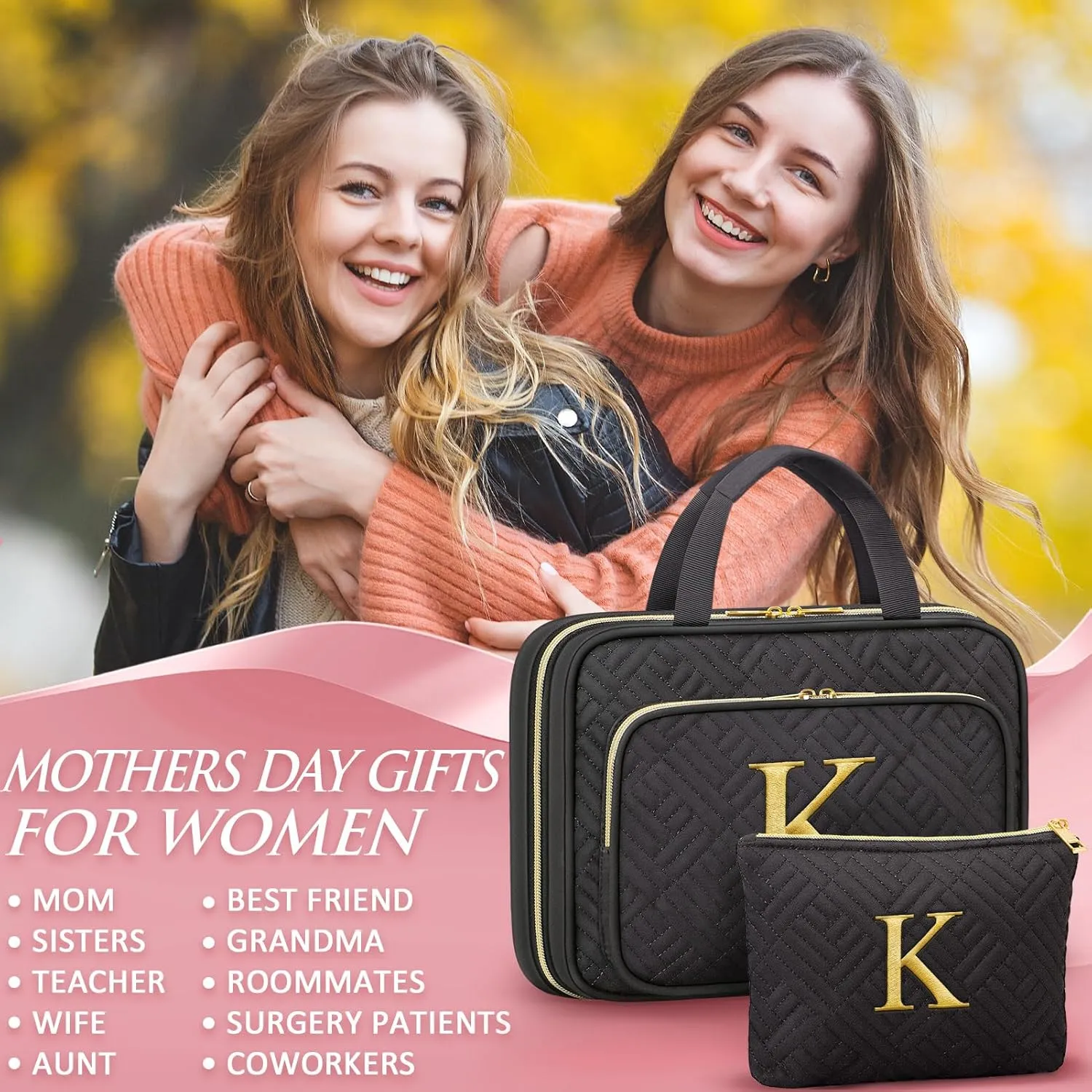 Gifts for Women, Initial Toiletry Makeup Bag Hanging Cosmetic Organizer with Embroidery Letter Personalized Nurse Teacher Appreciation Gift Birthday Mothers Day Gifts for Mom Sister Wife Friend Auntie