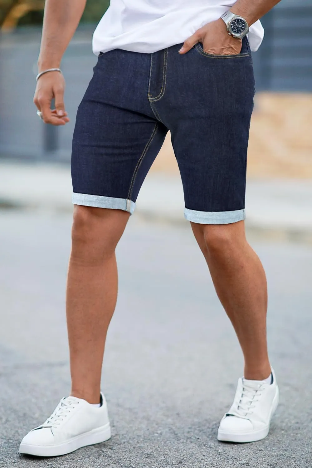 GINGTTO Denim Shorts Men Stretch Skinny Jean Shorts for Men