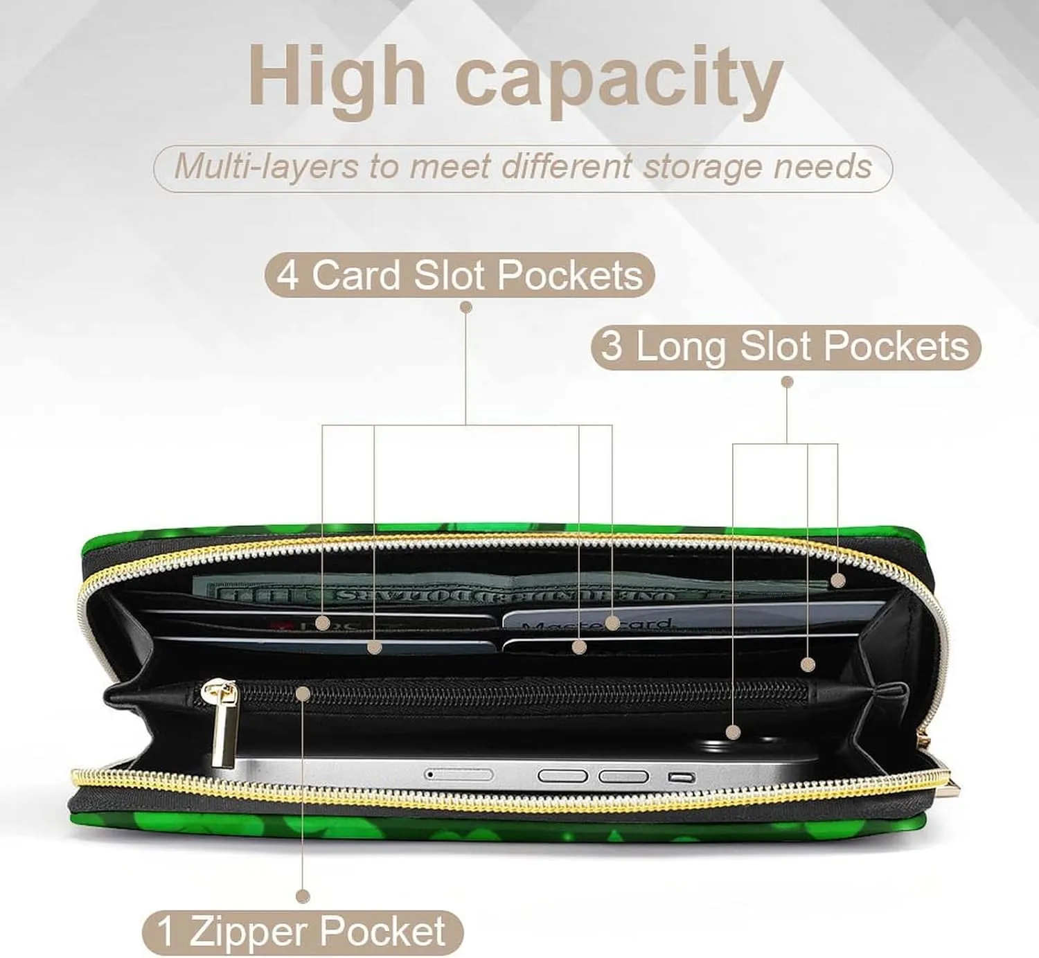 Girl's Travel Purse Fashion Design, Huge Storage Capacity Purse, Cute Decor Wallet, Long PU Zipper Wallet Compatible with St Patricks Day Green Shamrock Clover Leaf Grass