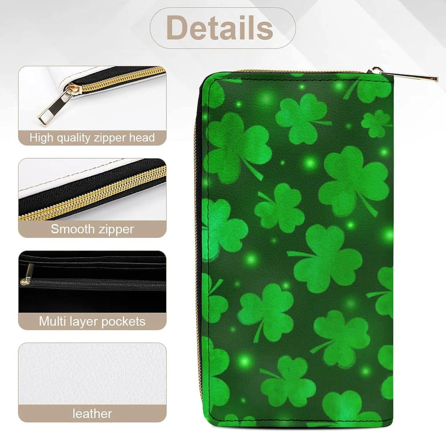 Girl's Travel Purse Fashion Design, Huge Storage Capacity Purse, Cute Decor Wallet, Long PU Zipper Wallet Compatible with St Patricks Day Green Shamrock Clover Leaf Grass