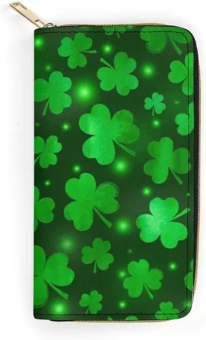 Girl's Travel Purse Fashion Design, Huge Storage Capacity Purse, Cute Decor Wallet, Long PU Zipper Wallet Compatible with St Patricks Day Green Shamrock Clover Leaf Grass
