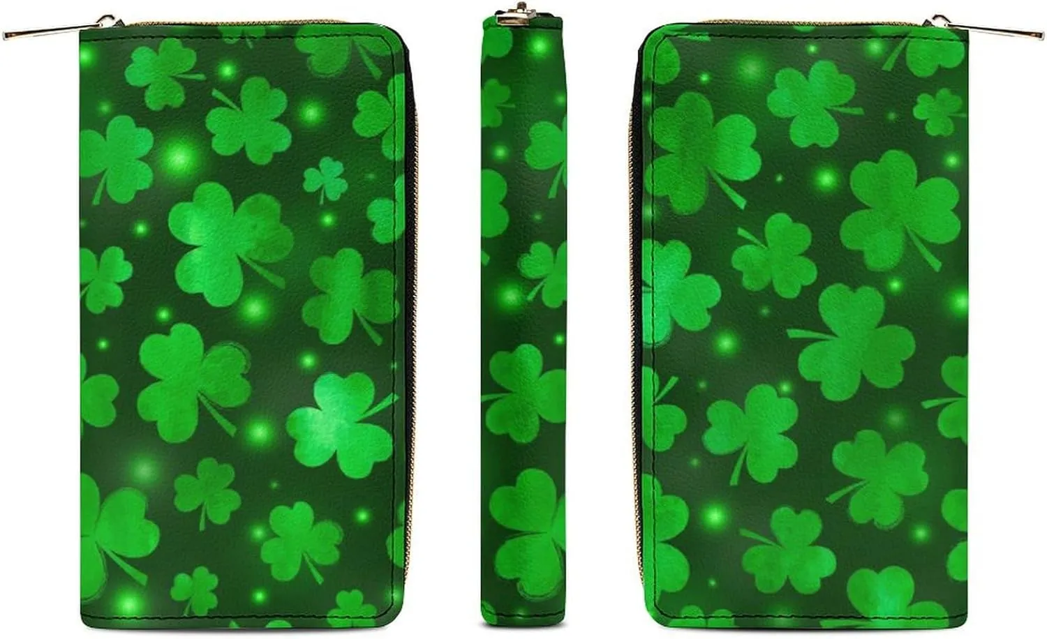 Girl's Travel Purse Fashion Design, Huge Storage Capacity Purse, Cute Decor Wallet, Long PU Zipper Wallet Compatible with St Patricks Day Green Shamrock Clover Leaf Grass