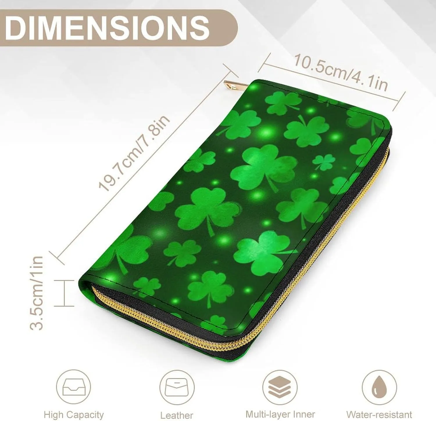 Girl's Travel Purse Fashion Design, Huge Storage Capacity Purse, Cute Decor Wallet, Long PU Zipper Wallet Compatible with St Patricks Day Green Shamrock Clover Leaf Grass